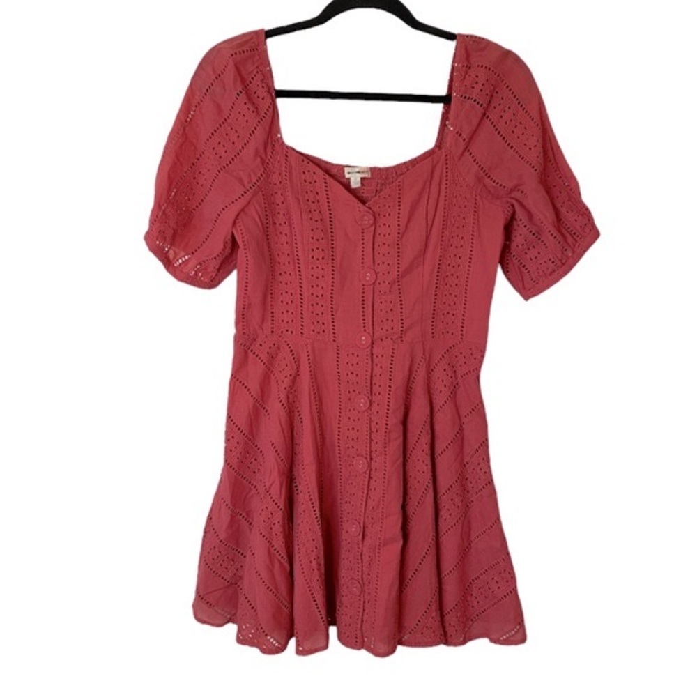 Gianni Bini Blush Eyelet Lace Pattern Puff Sleeves Fit and Flare Dress